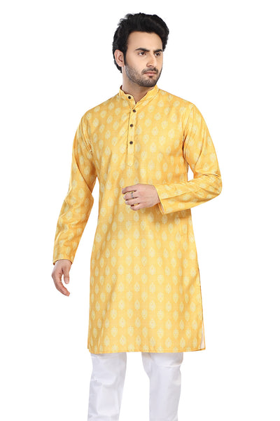Men's yellow folk-print cotton knee-length kurta, alternate front view.