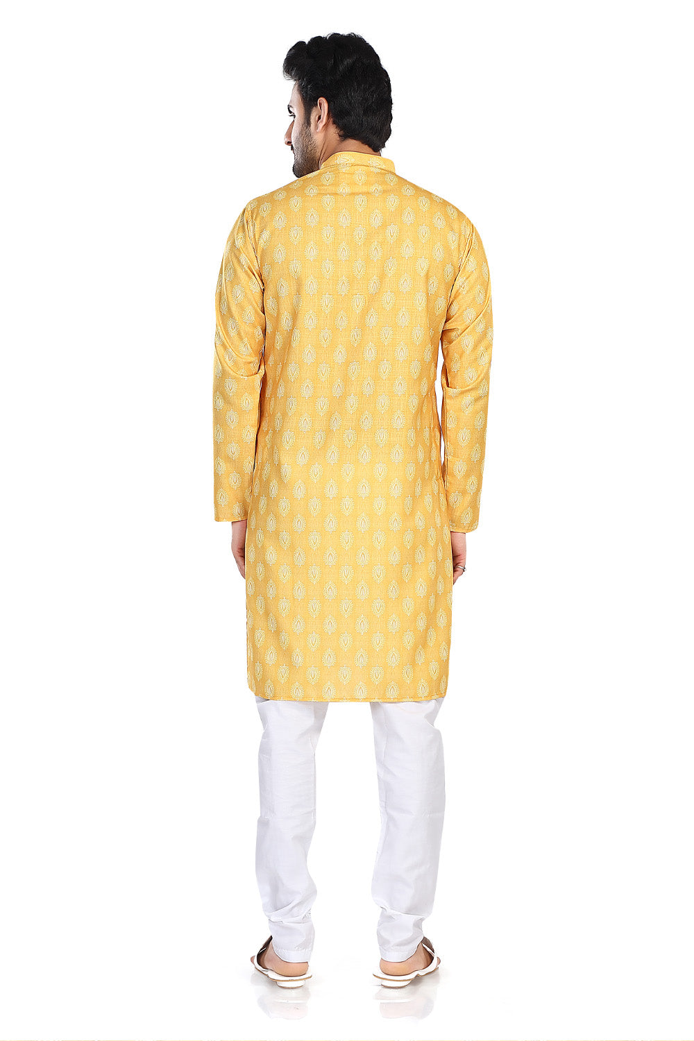 Men's yellow folk-print cotton knee-length kurta, alternate side view.