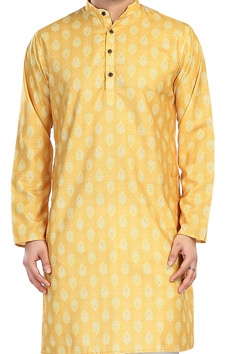 Men's yellow folk-print cotton knee-length kurta, back view.