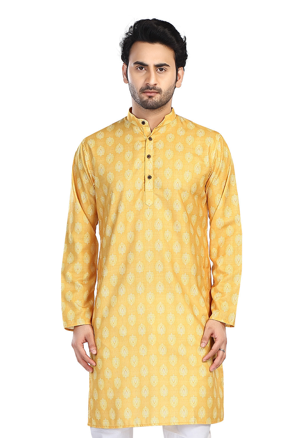 Men's yellow folk-print cotton knee-length kurta, front view.