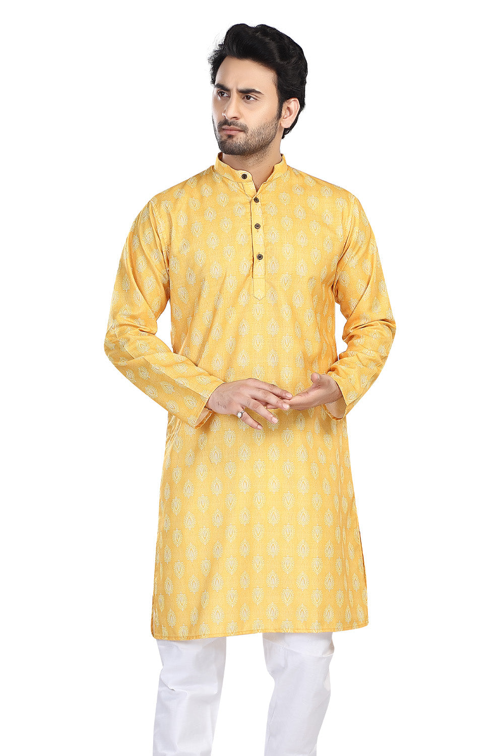 Men's yellow folk-print cotton knee-length kurta, side view.