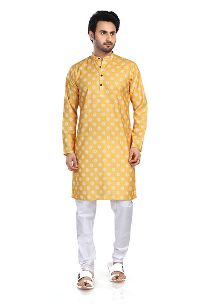 Men's yellow folk-print cotton knee-length kurta style 2, alternate front view.