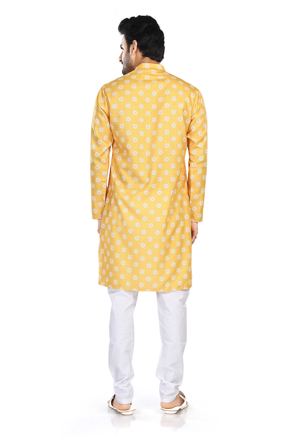 Men's yellow folk-print cotton knee-length kurta style 2, back view.