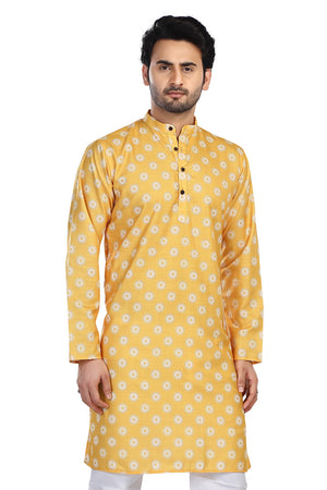 Men's yellow folk-print cotton knee-length kurta style 2, front view.