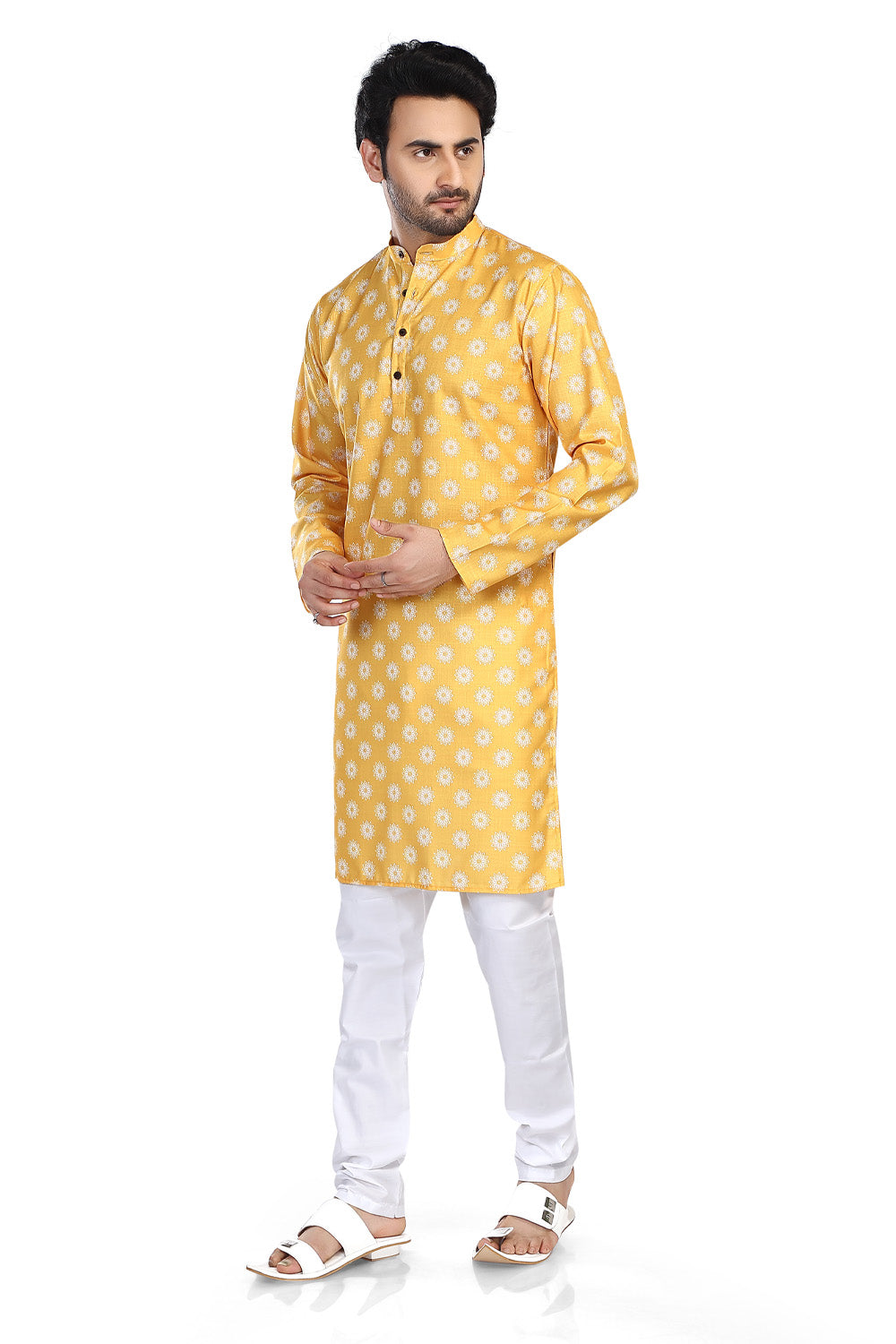 Men's yellow folk-print cotton knee-length kurta style 2, side view.
