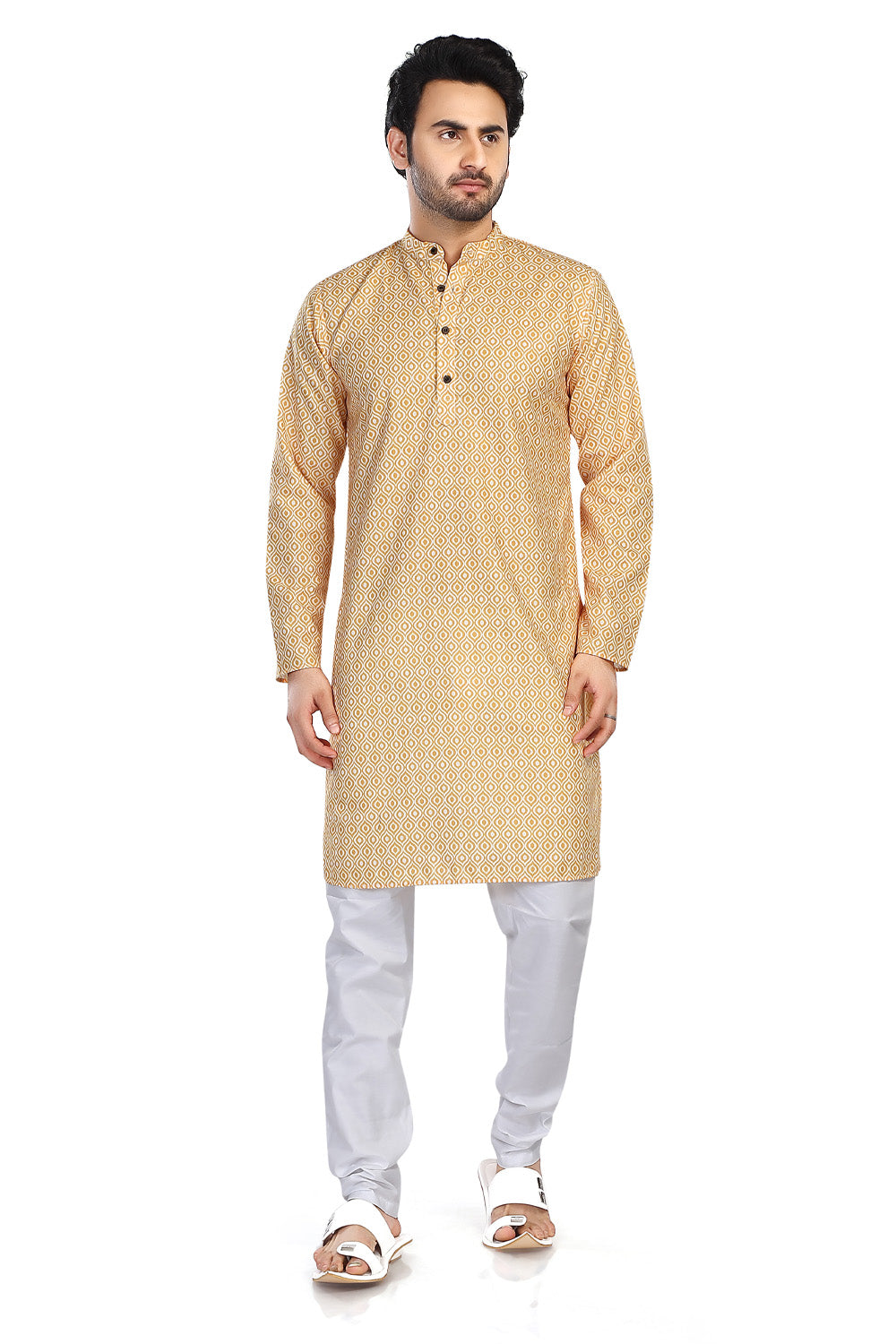 Men's yellow folk-print cotton knee-length kurta style 3, alternate front view.