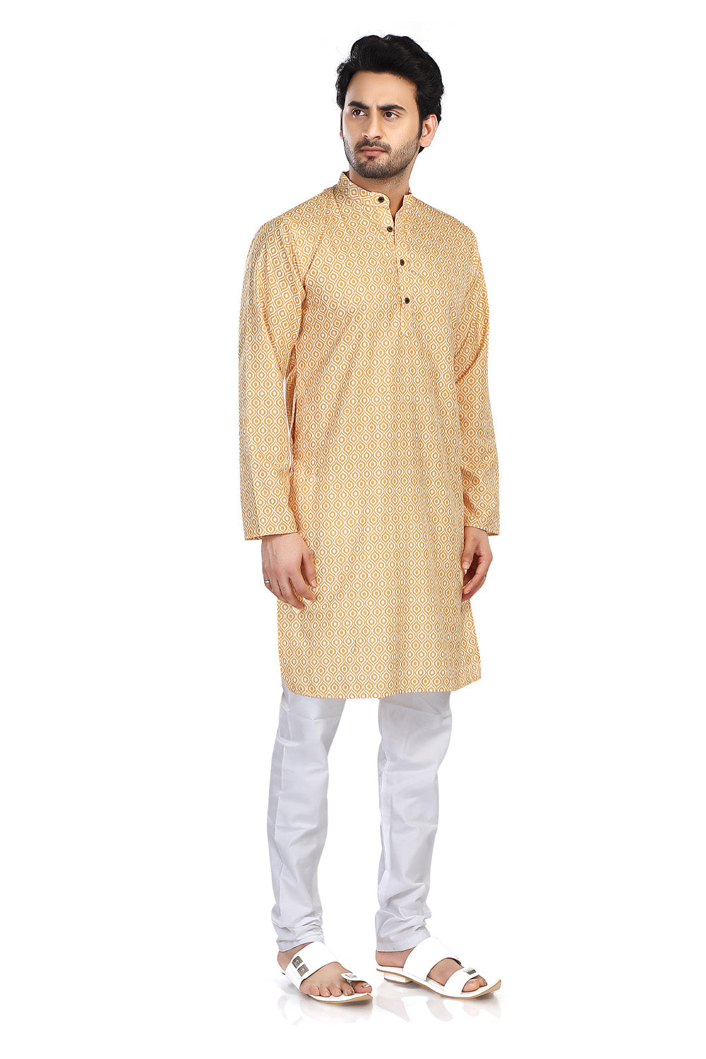 Men's yellow folk-print cotton knee-length kurta style 3, alternate side view.