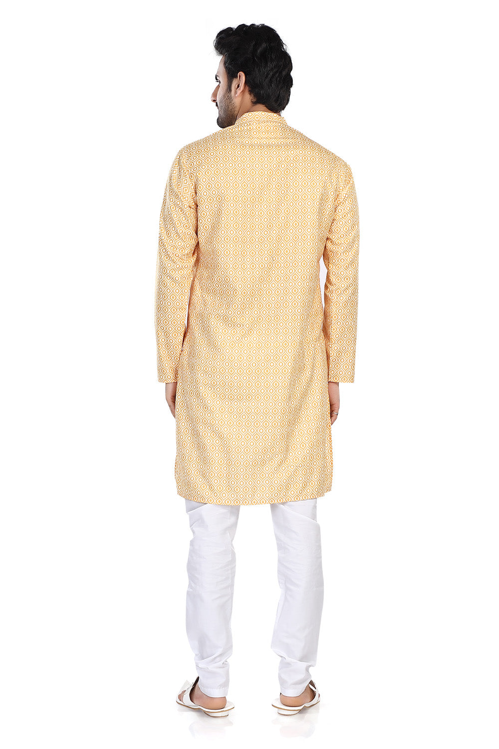 Men's yellow folk-print cotton knee-length kurta style 3, back view.