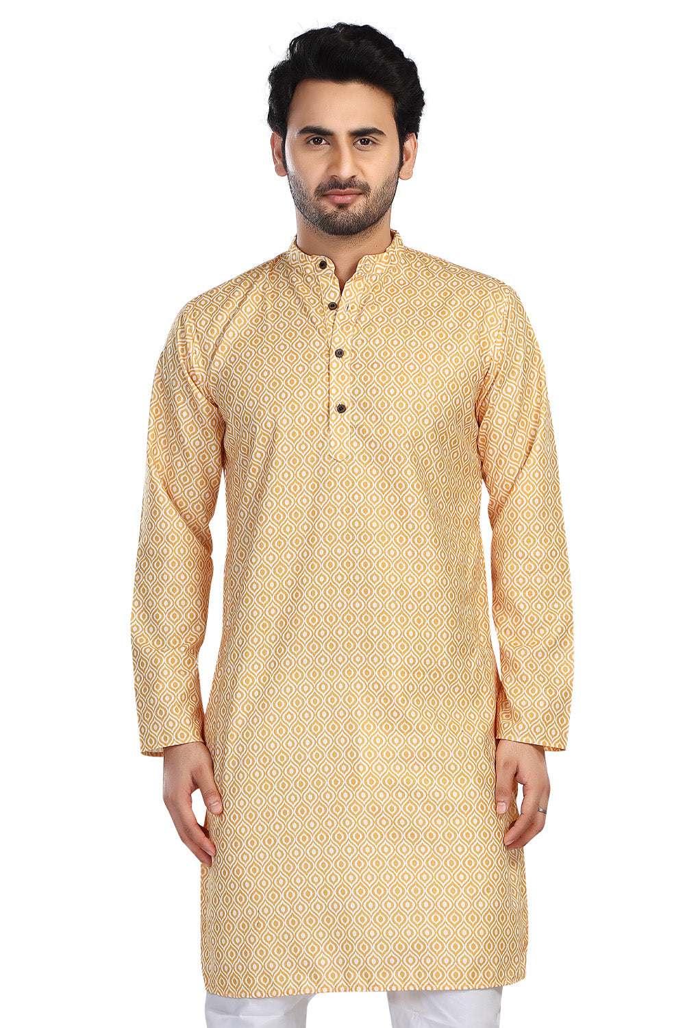 Men's yellow folk-print cotton knee-length kurta style 3, front view.