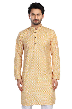 Men's yellow folk-print cotton knee-length kurta style 3, front view.