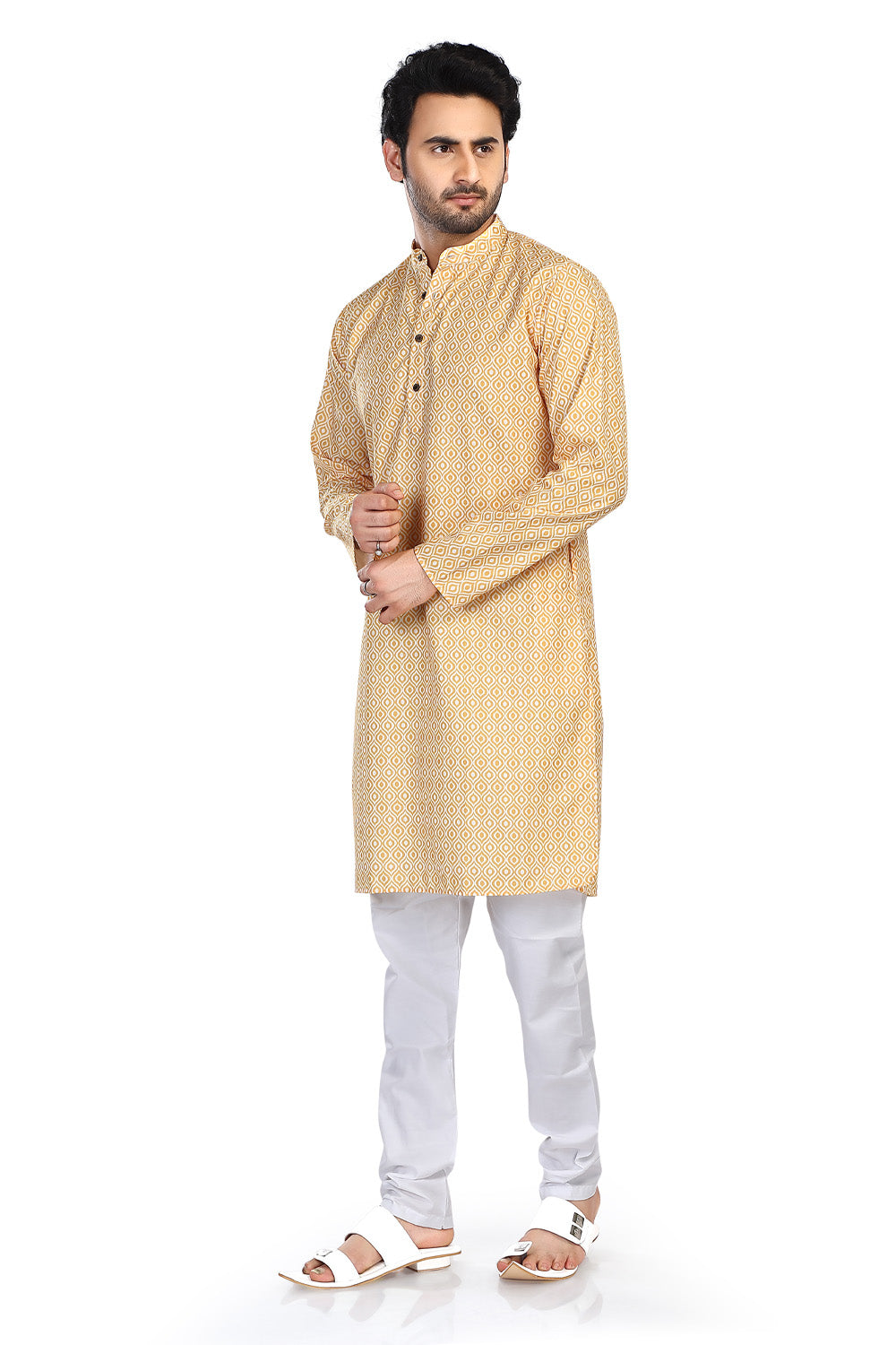 Men's yellow folk-print cotton knee-length kurta style 3, side view.