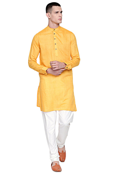 Men's yellow textured linen band collar knee-length kurta, alternate front view.