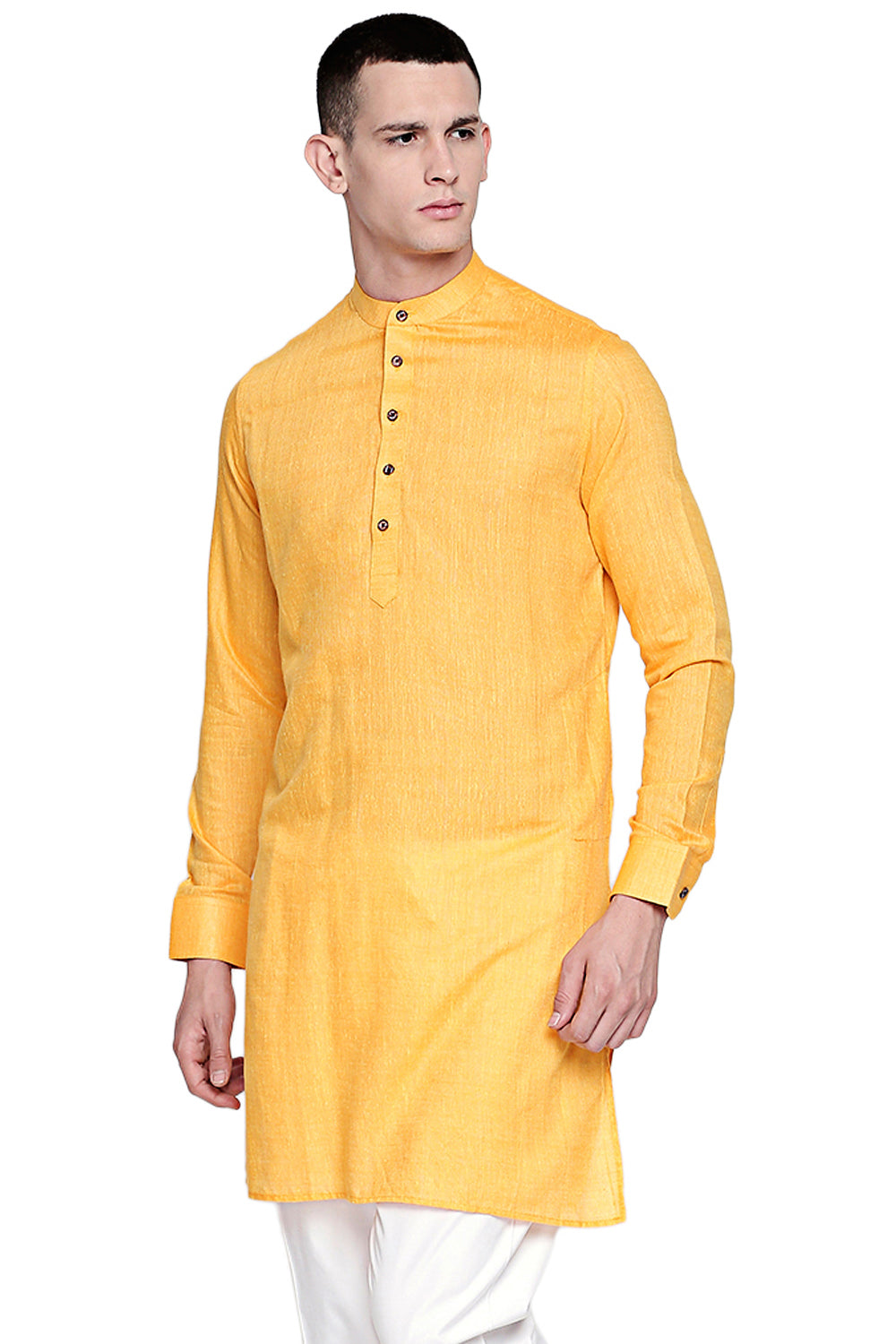 Men's yellow textured linen band collar knee-length kurta, alternate side view.