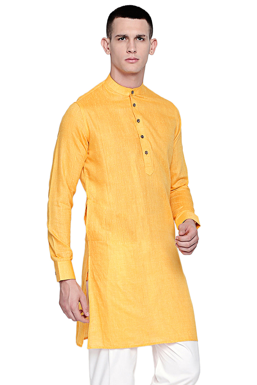 Men's yellow textured linen band collar knee-length kurta, back view.