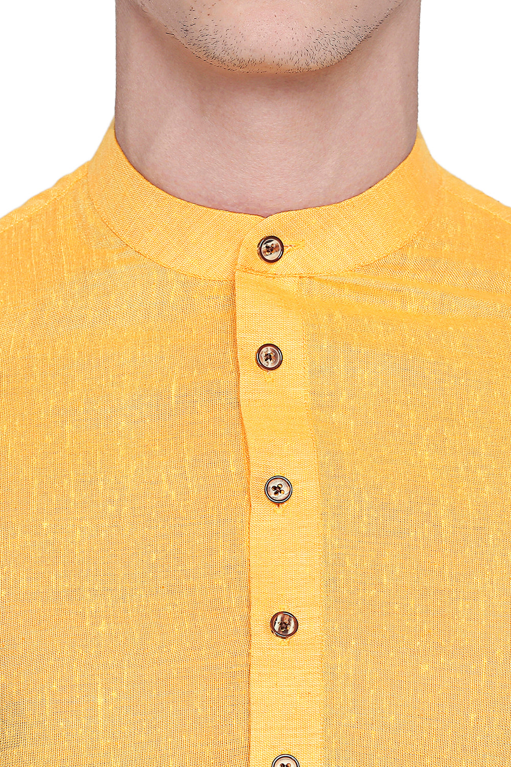 Men's yellow textured linen band collar knee-length kurta, close-up detail.