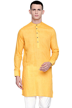 Men's yellow textured linen band collar knee-length kurta, front view.