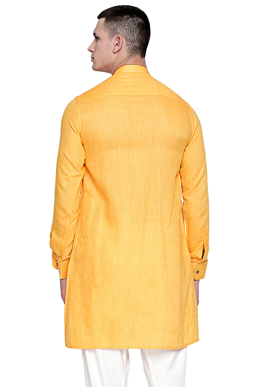 Men's yellow textured linen band collar knee-length kurta, side view.