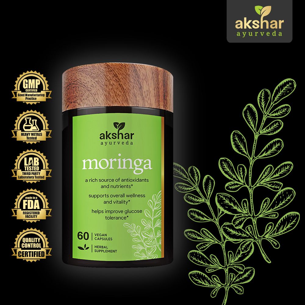 Akshar Ayurveda Moringa 500mg supplement, 60 vegan tablets with Ayurvedic ingredient and quality certifications