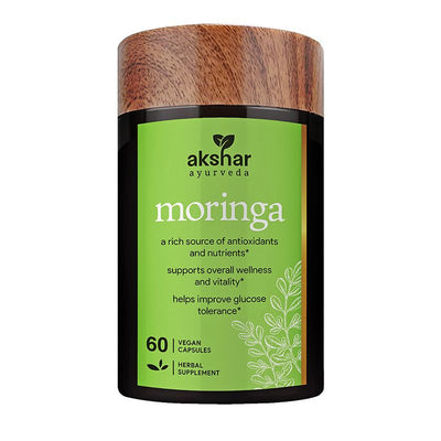 Front pack shot of Akshar Ayurveda Moringa 500mg supplement, 60 vegan tablets