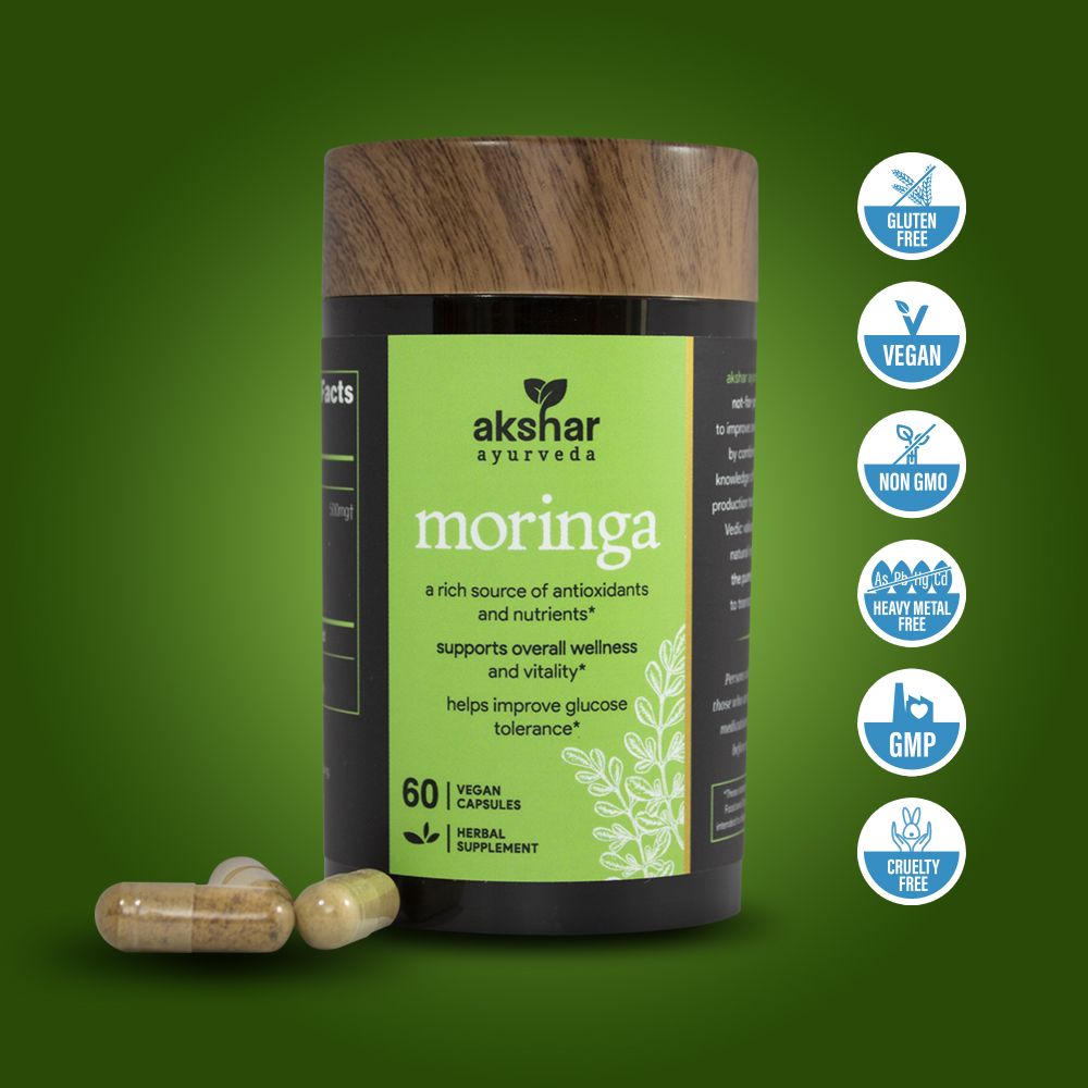 Akshar Ayurveda Moringa 500mg supplement, 60 vegan tablets with vegan quality certification icons
