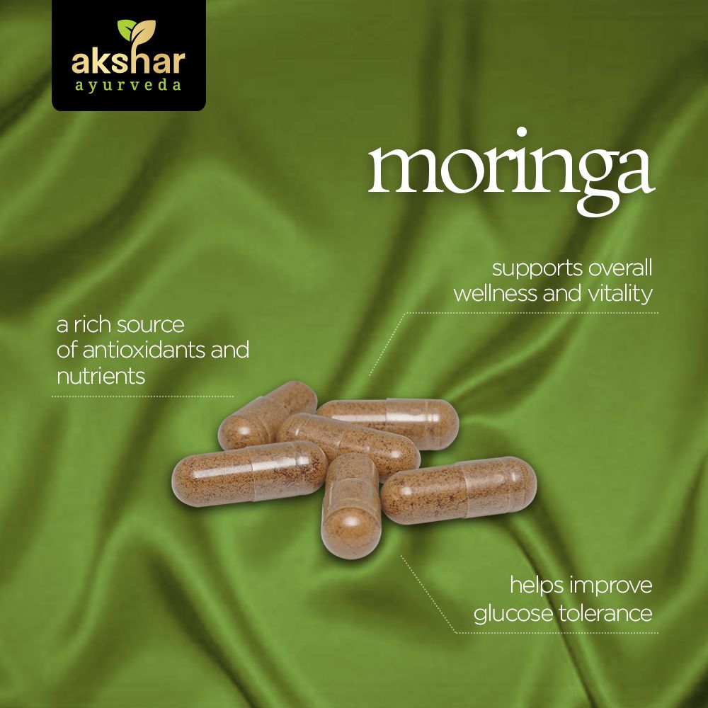 Akshar Ayurveda Moringa 500mg supplement, 60 vegan tablets benefits infographic for daily energy, vitality and wellness support