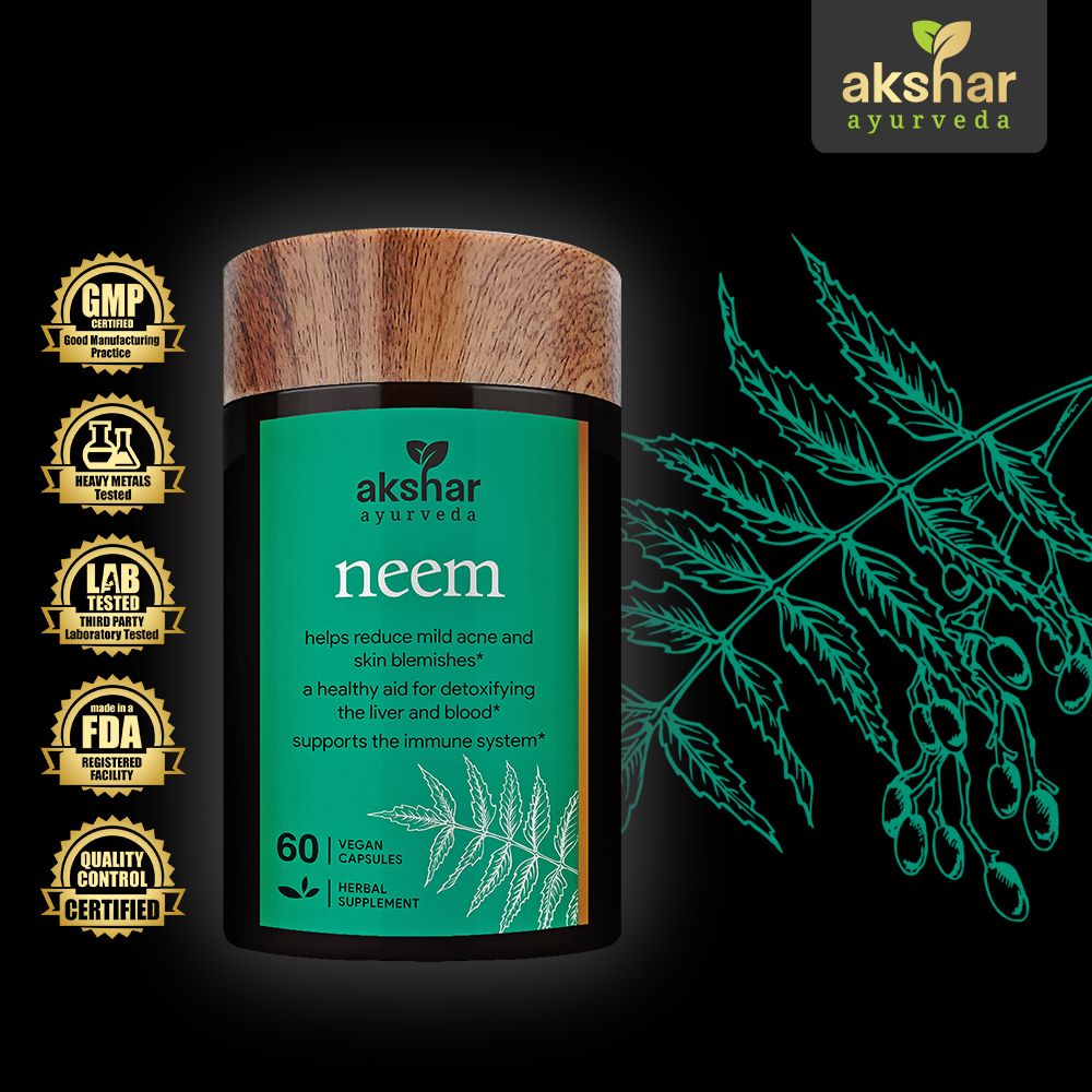 Akshar Ayurveda Neem 500mg supplement, 60 vegan tablets with Ayurvedic ingredient and quality certifications