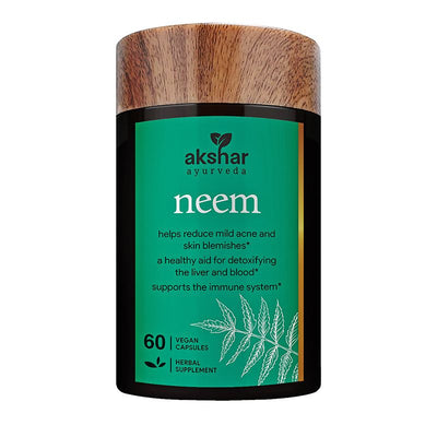 Front pack shot of Akshar Ayurveda Neem 500mg supplement, 60 vegan tablets