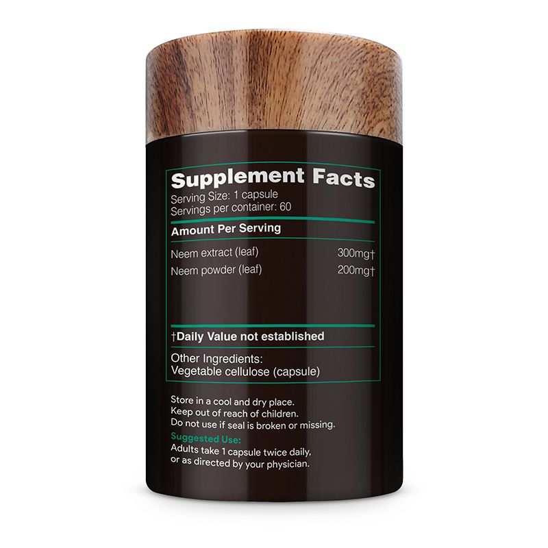 Akshar Ayurveda Neem 500mg supplement, 60 vegan tablets Supplement Facts label and usage directions