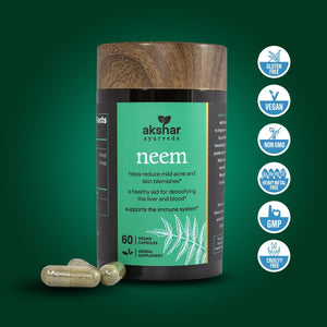 Akshar Ayurveda Neem 500mg supplement, 60 vegan tablets with vegan quality certification icons