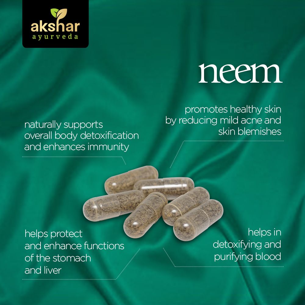 Akshar Ayurveda Neem 500mg supplement, 60 vegan tablets benefits infographic for skin and cleansing wellness support