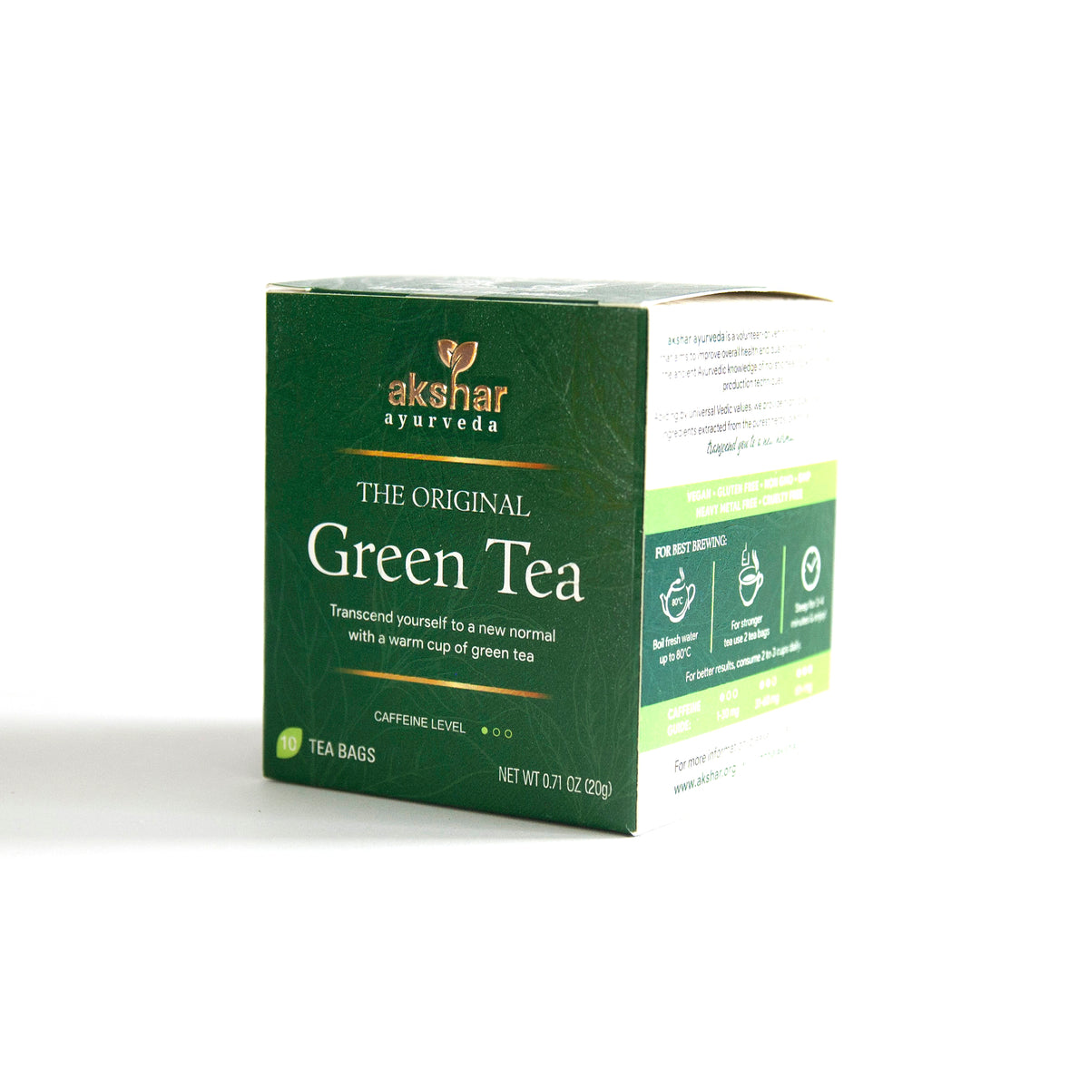 Akshar Ayurveda Original Herbal Tea, 10 tea bags retail packaging box, front and side view