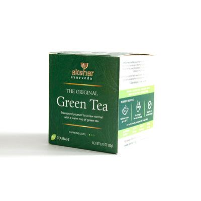 Akshar Ayurveda Original Herbal Tea, 10 tea bags retail packaging box, front and side view