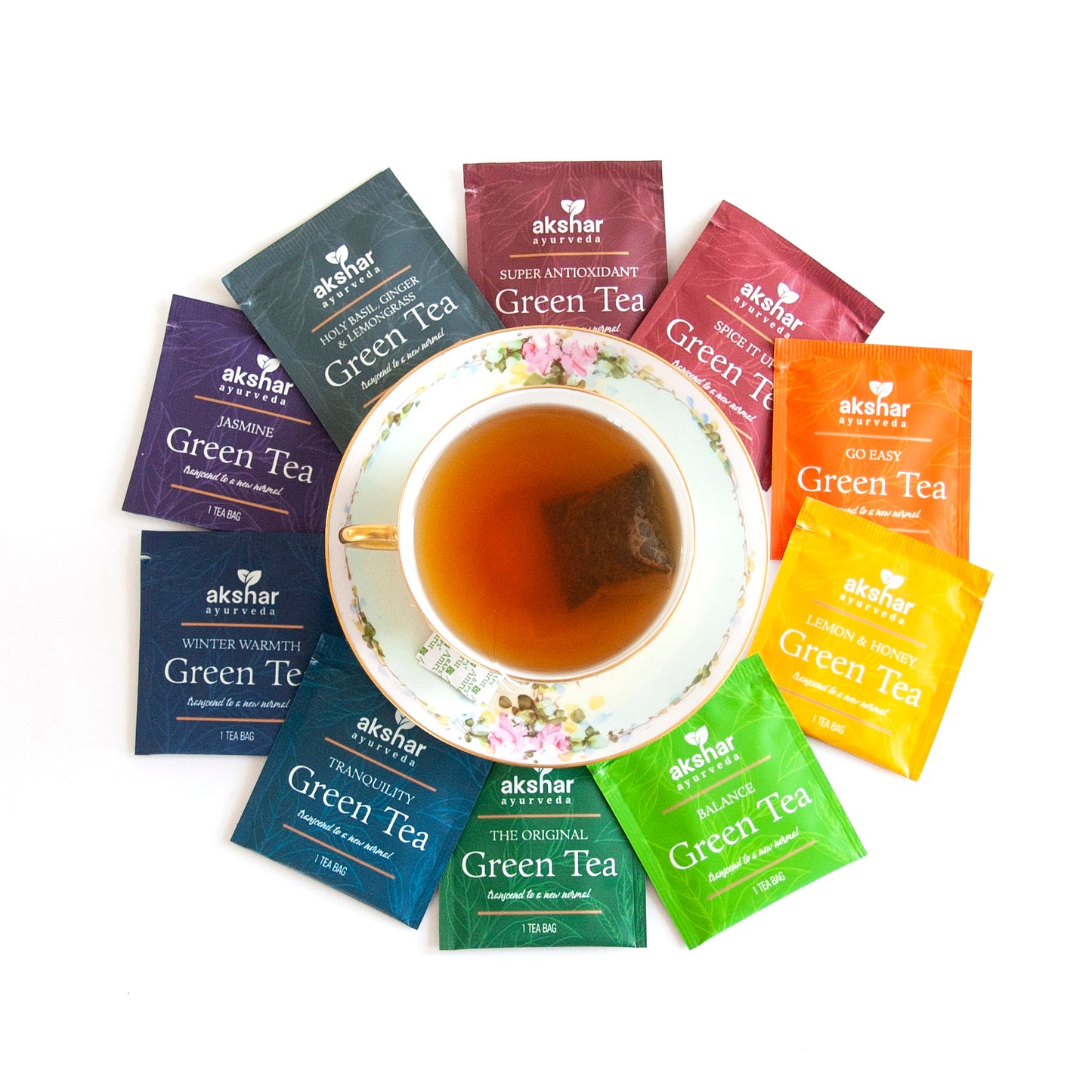 Akshar Ayurveda Original Herbal Tea, 10 tea bags shown as individual sachets with brewed tea