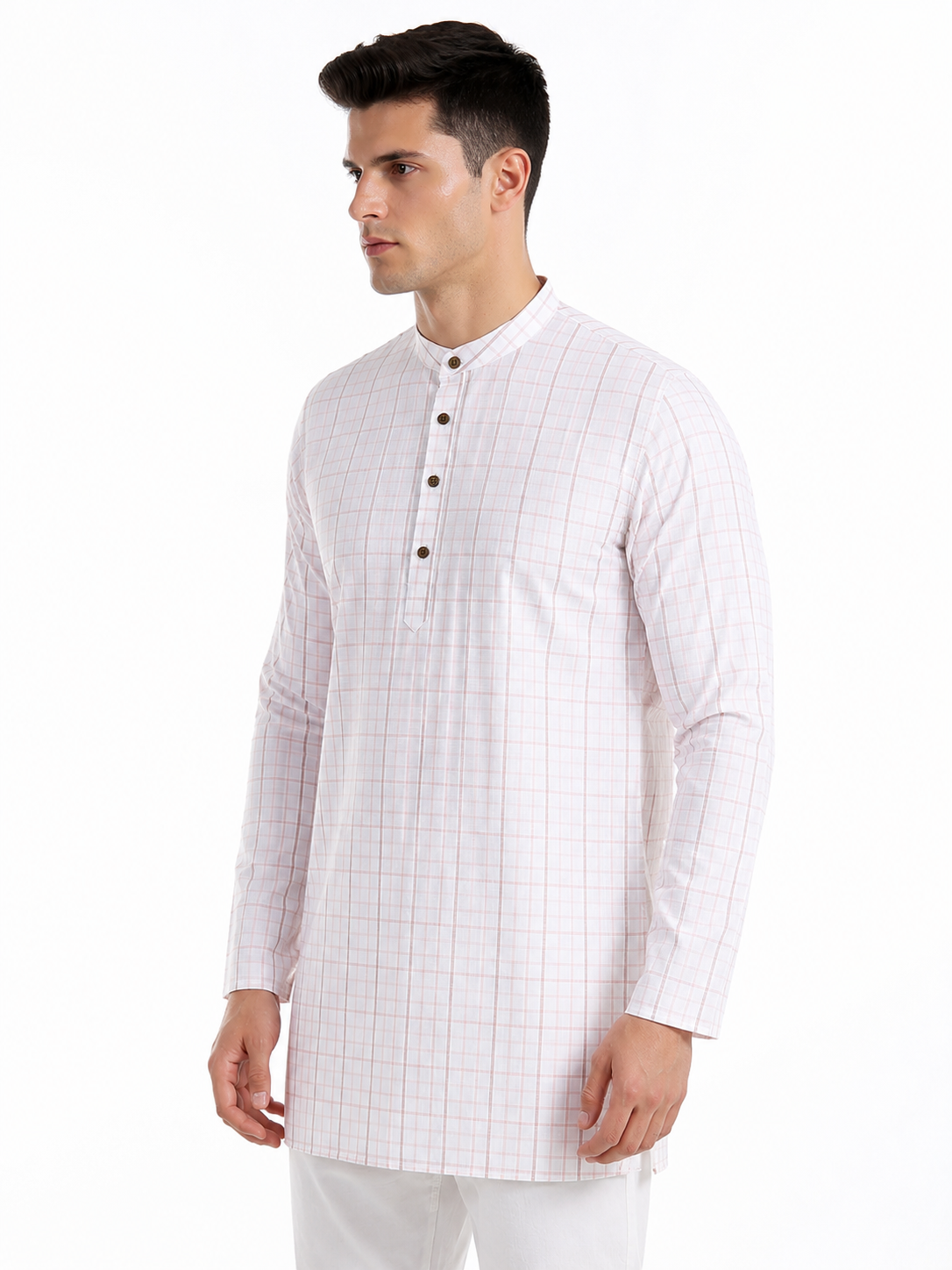 In-Sattva Men's Classic Cotton Checkered Sattva-Collar Thigh-Length Kurta Tunic; Checkered Caramel