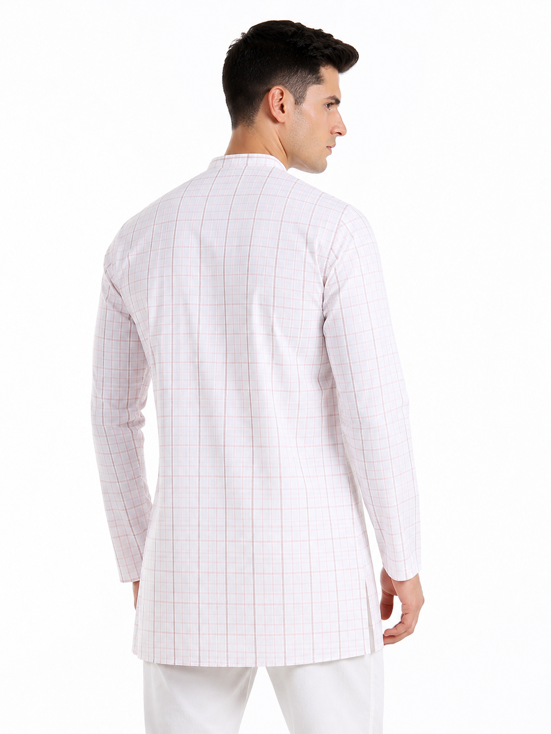 In-Sattva Men's Classic Cotton Checkered Sattva-Collar Thigh-Length Kurta Tunic; Checkered Caramel