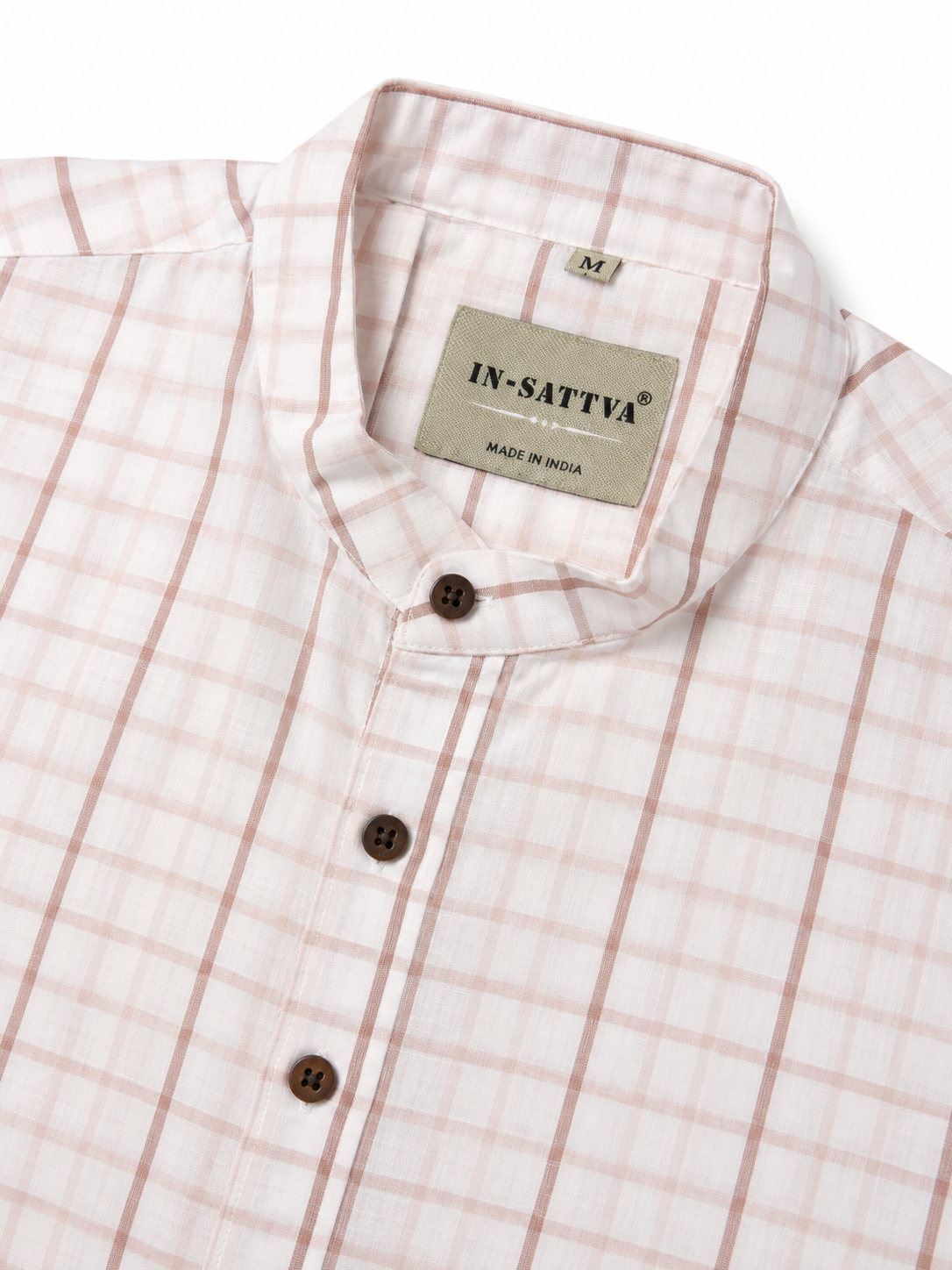 In-Sattva Men's Classic Cotton Checkered Sattva-Collar Thigh-Length Kurta Tunic; Checkered Caramel