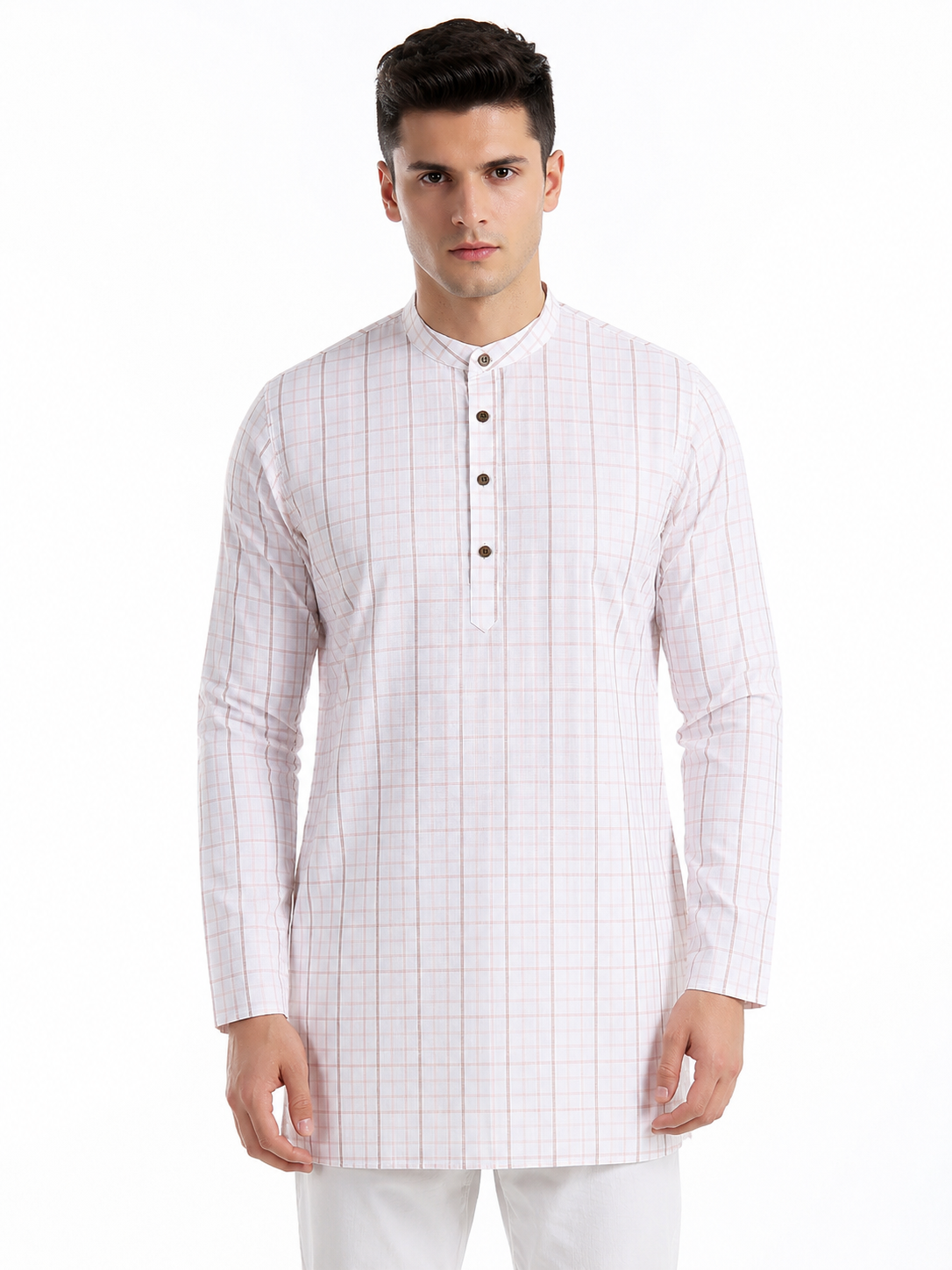 In-Sattva Men's Classic Cotton Checkered Sattva-Collar Thigh-Length Kurta Tunic; Checkered Caramel