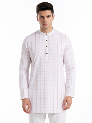 In-Sattva Men's Classic Cotton Checkered Sattva-Collar Thigh-Length Kurta Tunic; Checkered Caramel