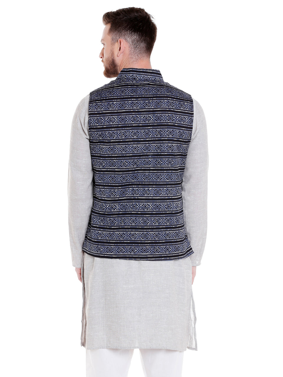 Back view of men's black artistic-print Nehru vest, highlighting ethically made wedding guest style.