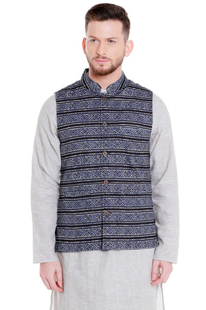 Front view of Shatranj men's black artistic-print Nehru vest, highlighting ethically made wedding guest style.