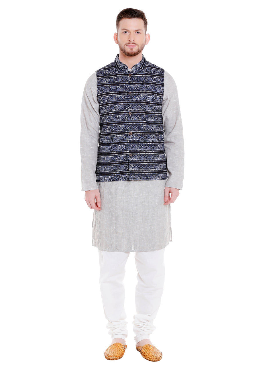 Full-length front view of men's black artistic-print Nehru vest, highlighting ethically made wedding guest style.