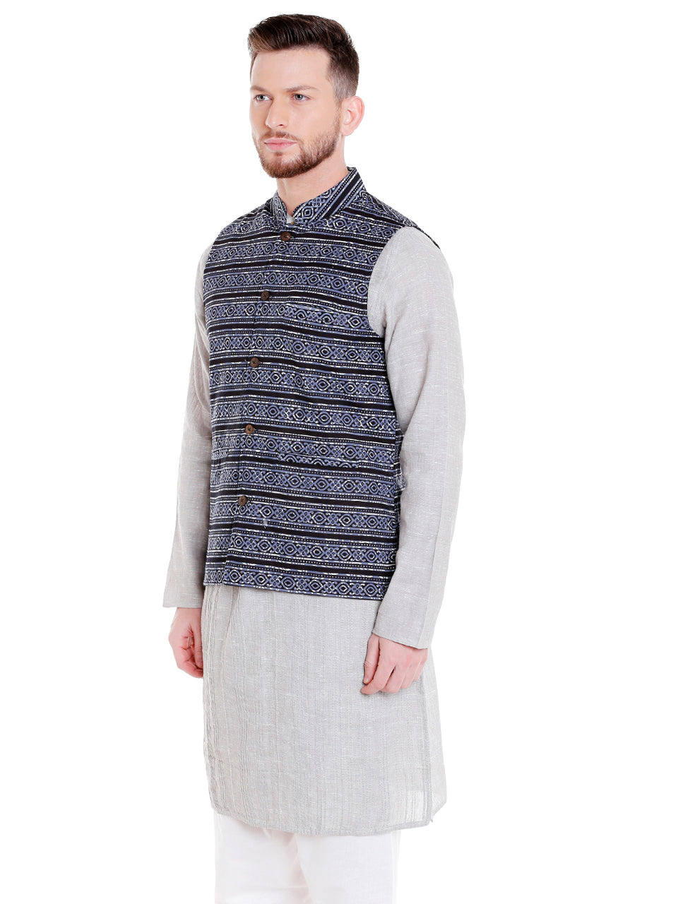 Left-side view of men's black artistic-print Nehru vest, highlighting ethically made wedding guest style.