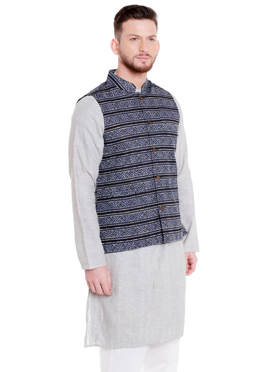 Right-side view of men's black artistic-print Nehru vest, highlighting ethically made wedding guest style.
