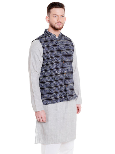 Right-side view of men's black artistic-print Nehru vest, highlighting ethically made wedding guest style.