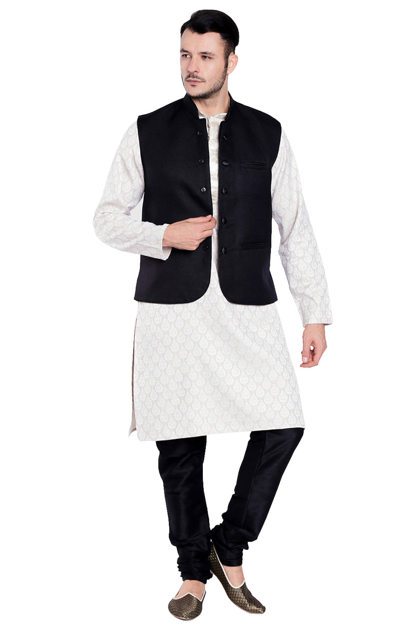 Full-length front view of men's black three-pocket Nehru vest, highlighting functional, classic wedding guest style.