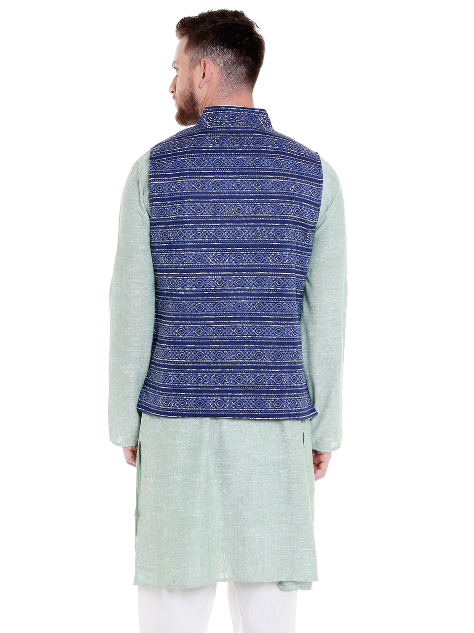 Back view of men's blue artistic-print Nehru vest, highlighting slim-fit festive style.