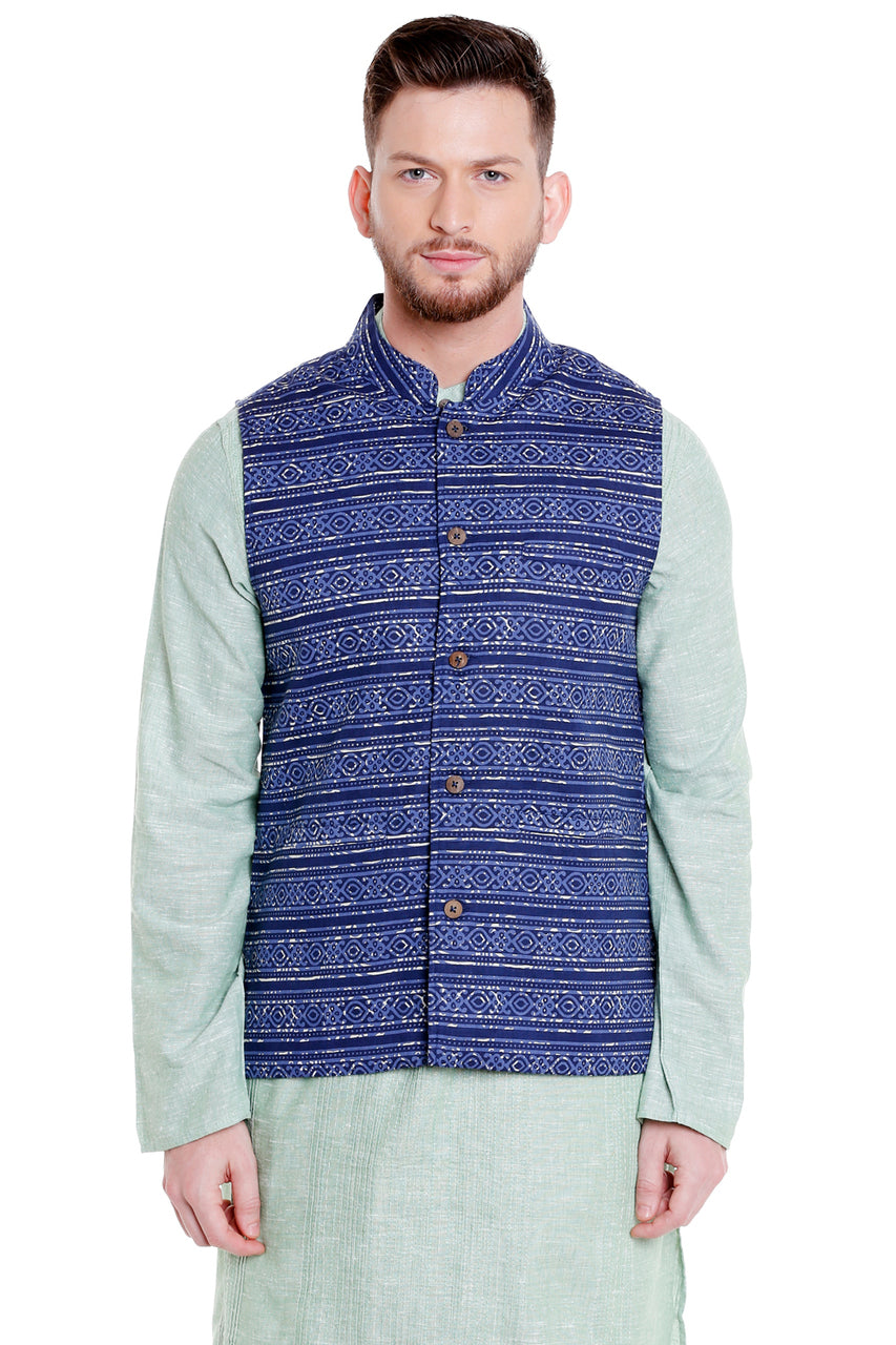 Front view of Shatranj men's blue artistic-print Nehru vest, highlighting slim-fit festive style.