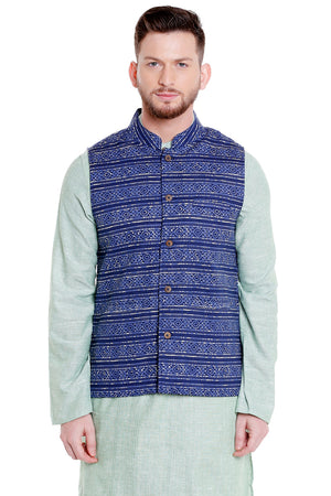 Front view of Shatranj men's blue artistic-print Nehru vest, highlighting slim-fit festive style.