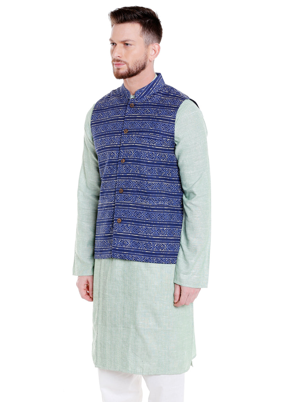 Left-side view of men's blue artistic-print Nehru vest, highlighting slim-fit festive style.