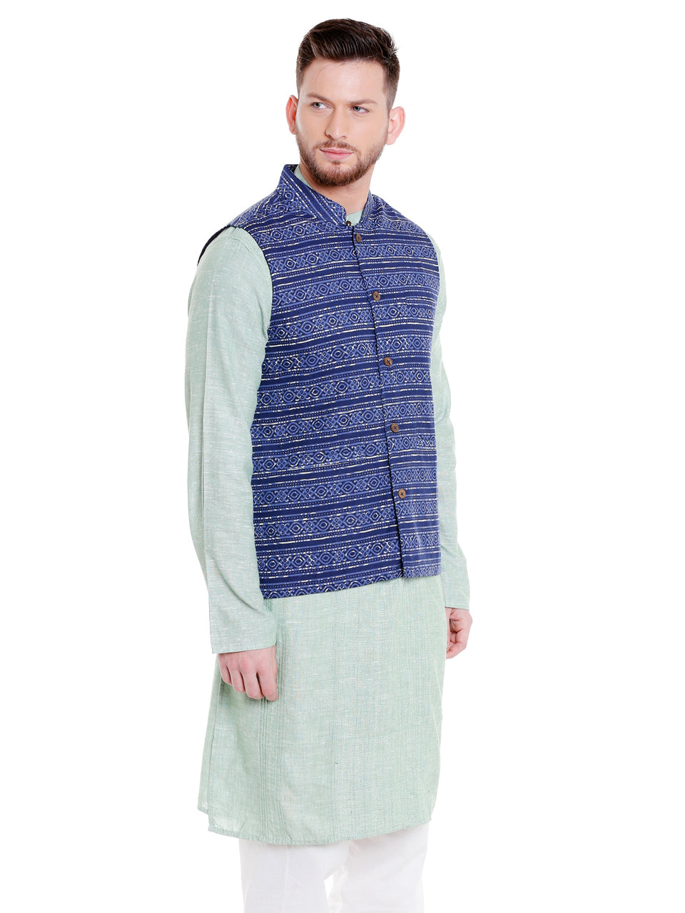 Right-side view of men's blue artistic-print Nehru vest, highlighting slim-fit festive style.